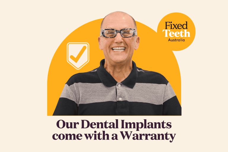 A smiling man with glasses promotes dental implants, highlighting their warranty with the text displayed prominently.