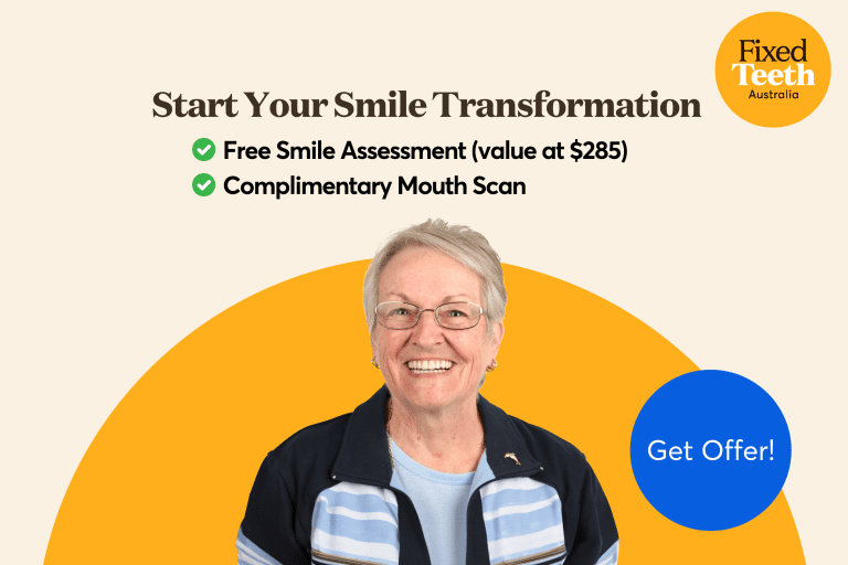 A woman smiling brightly with text: "Start your smile transformation" promoting a free smile assessment by Fixed Teeth Australia.